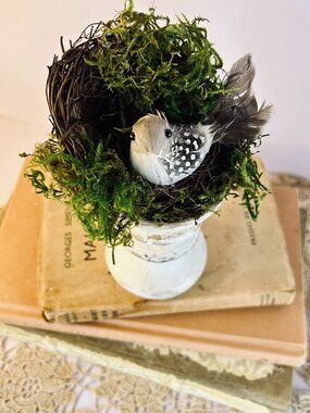 French Country Bird Nest Pedestal Moss Decor Rustic Woodland Shelf Centerpiece